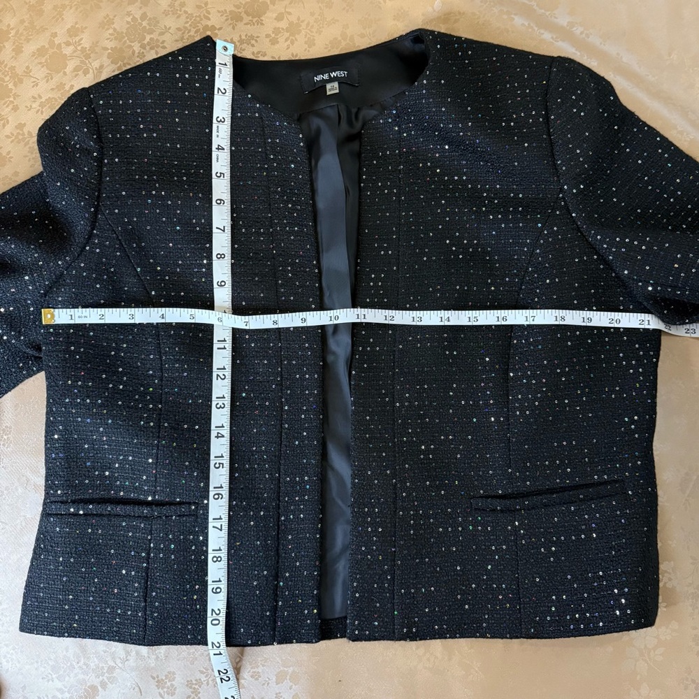 NINE WEST Womens Black Sequined Tweed Flyaway Blazer Formal Party Jacket size 14 - Picture 8 of 10